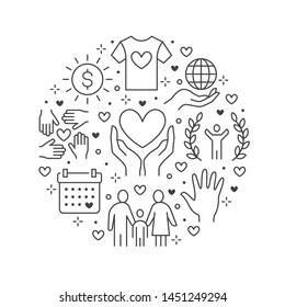 Charity vector circle banner with flat line icons. Donation, nonprofit organization, NGO, giving help illustration. Outline signs for donating money, volunteer community poster.