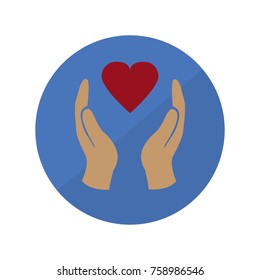 Charity vector icon hands and heart on blue background. heart in hand