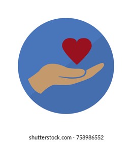 Charity vector icon hands and heart on blue background. heart in hand