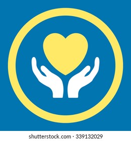Charity vector icon. Style is flat rounded symbol, bright colors, rounded angles, blue background.