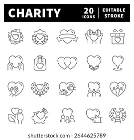 Iconos del vector de la caridad, iconos de la caridad fijados en estilo de la línea. Conjunto de iconos de línea delgada relacionados con la caridad. Donación, responsabilidad social, amistad, amor, bondad, ayuda, Asistencia, iconos de caridad.