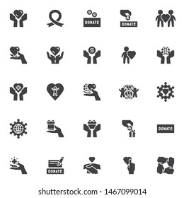 Charity vector icons set, modern solid symbol collection, filled style pictogram pack. Signs, logo illustration. Set includes icons as donate box, money donation hand, awareness ribbon, humanity