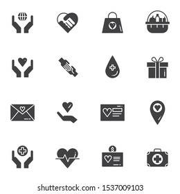 Charity vector icons set, modern solid symbol collection, filled style pictogram pack. Signs, logo illustration. Set includes icons as blood donation, gift box, health care, money donate, hope hands