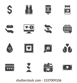 Charity vector icons set, modern solid symbol collection, filled style pictogram pack. Signs, logo illustration. Set includes icons as money donation, world globe, blood transfusion bag, online donate