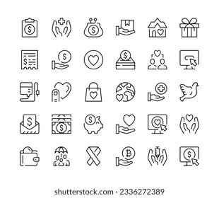 Charity. Vector line icons set. Volunteering, humanitarian aid, donation, help concepts. Black outline stroke symbols