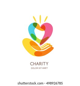 Charity vector logo design template. Abstract colorful heart on human hand, isolated icon symbol emblem. Concept for voluntary non profit organization or health and healthcare themes.