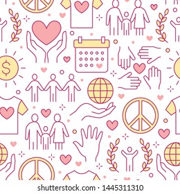 Charity vector seamless pattern with flat line icons. Donation, nonprofit organization, NGO, giving help illustrations. Pink white color background, wallpaper for donating, volunteer community poster.