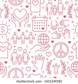 Charity vector seamless pattern with flat line icons. Donation, nonprofit organization, NGO, giving help illustrations. Pink white color background, wallpaper for donating, volunteer community poster.