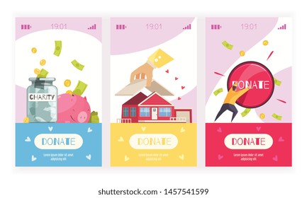 Charity vertical banners with clickable donate button mobile smartphone screen interface elements and doodle style images vector illustration