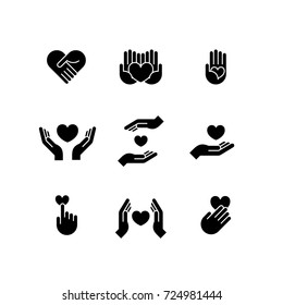 Charity Volunteer Collaboration Heart Love Hands Icon Set