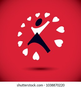 Charity and volunteer conceptual logo. Wellness and harmony symbolic symbol. Vector illustration of excited person with raised hands up.