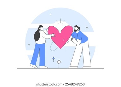 Charity and volunteering activity concept. Characters Hold a big loving heart and give their support to people in need. Flat Cartoon Vector Illustration, icon. Stylish Modern