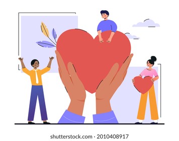 Charity and volunteering activity concept. Hands hold a big loving heart. Characters give their support to people in need. Cartoon modern flat vector illustration isolated on a white background