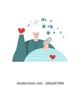 Charity volunteering concept. Active seniors volunteers. Elderly man and woman with hearts. Support and care for people. Trendy flat vector illustration with character isolated on white background