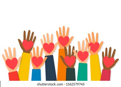 Charity, volunteering and donating concept. Raised up human hands with red hearts. Children's hands are holding heart symbols. Vector