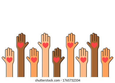 Charity, volunteering and donating concept. Raised up human hands with red hearts. Children's hands are holding heart symbols. Vector