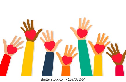 Charity, volunteering and donating concept. Raised up human hands with red hearts. Children's hands are holding heart symbols