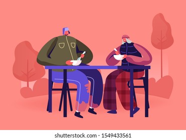 Charity Volunteering and Donation Concept. Man and Woman Beggars Sitting at Table in City Park Eating Warm Food. Social Support to Homeless People Living on Street. Cartoon Flat Vector Illustration