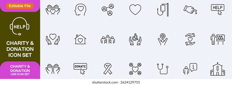 Charity and Volunteering Editable Icons set. Vector illustration in modern thin line style of philanthropic icons: almsgiving, helping those in need, donation, contribution, humanism, altruism.