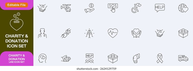 Charity and Volunteering Editable Icons set. Vector illustration in modern thin line style of philanthropic icons: almsgiving, helping those in need, donation, contribution, humanism, altruism.