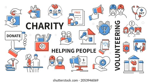 Charity And Volunteering - Line Design Icon Set In Gentle Blue And Red Color. Several Pictures On A White Background On The Topic Of Helping People In Need. Donation, Humanitarian Assistance Idea