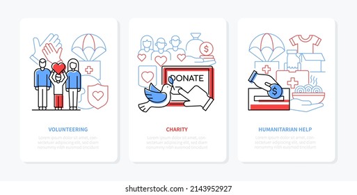 Charity and volunteering - line design style banners set with editable stroke and place for text. Humanitarian aid, physical help and mental health care, financial assistance, food and medicine