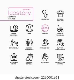 Caridad y voluntariado: iconos de diseño de línea con trazo editable. Asistencia médica, donación de prendas de vestir, línea telefónica de apoyo, ayuda a las personas con discapacidad, huérfanos, ancianos y atención de animales