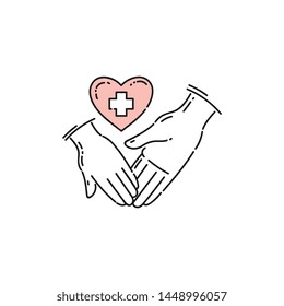 Charity and volunteering support icon the hands with a heart and white cross as a symbol of hope the cartoon sketch vector illustration isolated on white background.