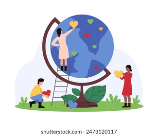 Caridad de la comunidad de voluntarios, ayuda de la organización internacional sin fines de lucro y unidad mundial. Gente pequeña con amor a la Tierra Planeta pin corazones a globo Ilustración vectorial de dibujos animados