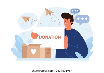 Charity. Volunteers community take care of people in need. Idea of care and humanity. Humanitarian aid and donations for poor people support. Flat vector illustration