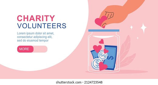 Charity volunteers horizontal banner with human hand lowering heart into jar with money abstract composition vector illustration