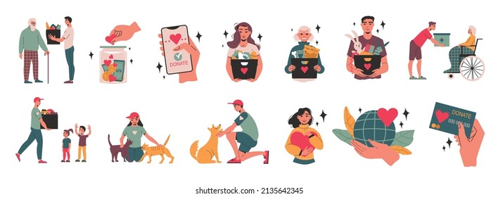 Charity volunteers set of isolated icons with conceptual images of gift boxes donation things and people vector illustration