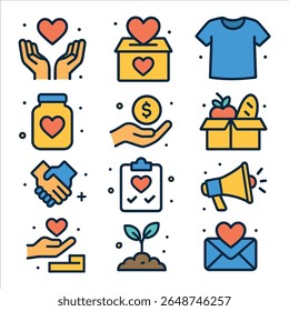 Charity and volunteer-themed icons: donations, food aid, volunteering, love, help, growth, teamwork, and caring communication