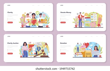 Charity web banner or landing page set. People or volunteer donate