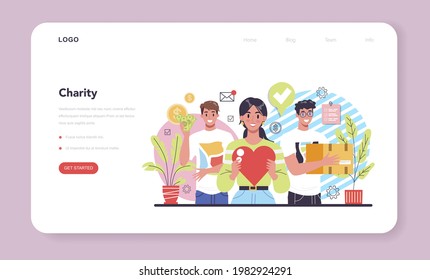 Charity web banner or landing page. People or volunteer donate stuff to help other people. Idea of humanitarian support and philanthropy. Isolated vector illustration in cartoon style svg