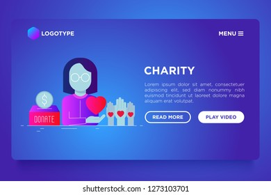 Charity web page template in flat style: woman in glasses with heart in hand, donation box and volunteers hands. Modern vector illustration on gradient background.