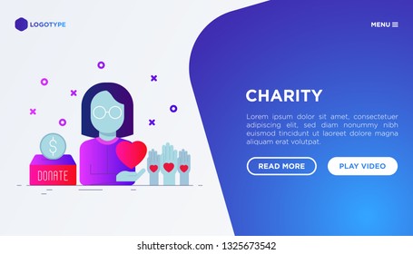 Charity web page template in flat style: woman in glasses with heart in hand, donation box and volunteers hands. Modern vector illustration on gradient background.