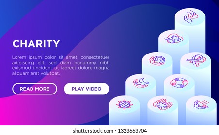 Charity web page template with thin line isometric icons: donation, save world, reunion, humanitarian aid, ribbon, medical support, charity to disabled people, life saving. Vector illustration.