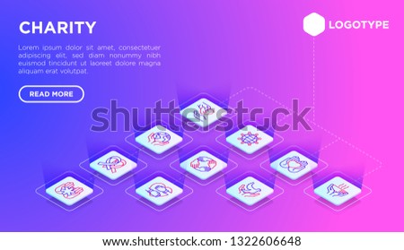 Charity web page template with thin line isometric icons: donation, save world, reunion, humanitarian aid, ribbon, medical support, charity to disabled people, life saving. Vector illustration.