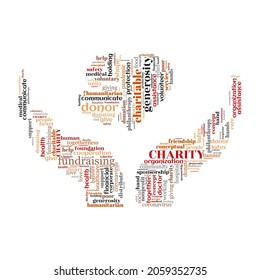 Charity word cloud concept with heart stand on hand charity symbol.