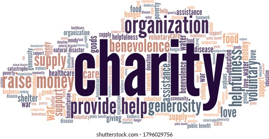 Charity word cloud isolated on a white background.