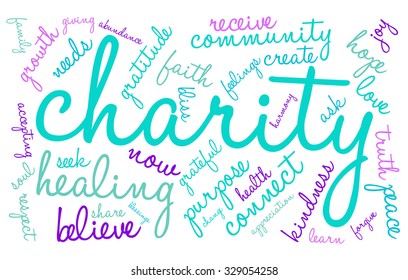 Charity word cloud on a white background. 