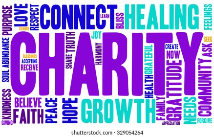 Charity word cloud on a white background. 