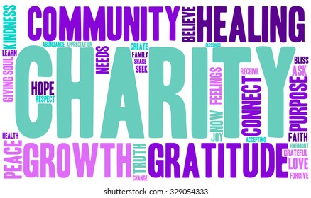 Charity word cloud on a white background. 