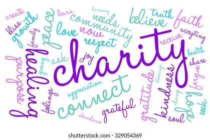 Charity word cloud on a white background. 