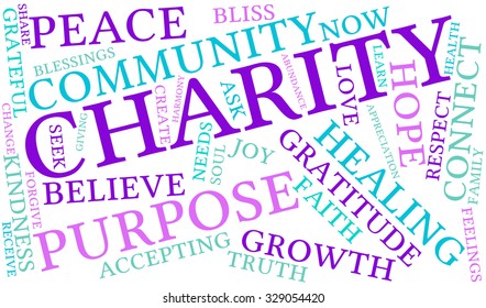 Charity word cloud on a white background. 