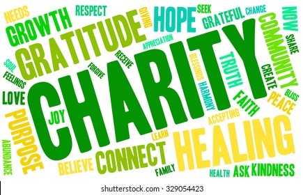 Charity word cloud on a white background. 