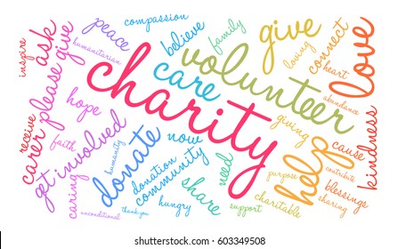 Charity word cloud on a white background.  