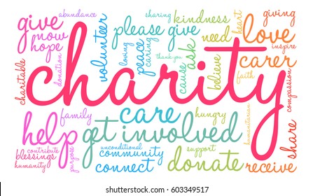 Charity word cloud on a white background.  