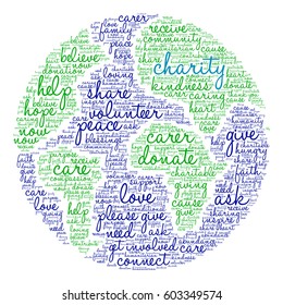 Charity word cloud on a white background.  